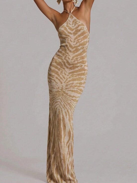 Dresses & Skirts - Brown Fitted Knit Halterneck Maxi Women's Dress